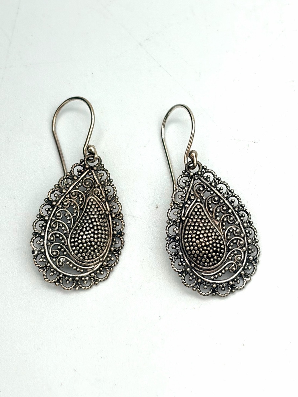 Intricate Teardrop Filigree Dangle Earrings - Vintage Sterling Silver Balinese